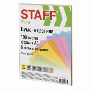 Бумага цветная STAFF МАЛОГО ФОРМАТА, А5, 80 г/м2, 100 л. (5 цветов х 20 л.), цветная пастель, 110891