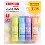 Клей-карандаш 15 гр BRAUBERG PASTEL, 4 штуки на блистере, PVP-основа