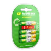 Батарейки аккумуляторные GP ReEnergy Ni-Mh КОМПЛЕКТ 4 шт. (ПРОМО 3+1), ААА (HR03), 950 mAh, 100AAAHC3/1RGY