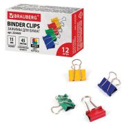 Зажим для бумаг 15 мм*12 шт, цветные BRAUBERG, на 45 листов