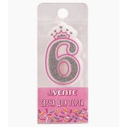 Свеча-цифра для торта «deVENTE. Розовая принцесса» 6, размер свечки 5,8x3,8x0,8 см с серебряным рису