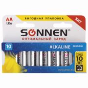 Элемент питания АА (LR6, 15А) 10 шт., SONNEN Alkaline, алкалиновые, пальчиковые, короб