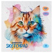 Скетчбук для акварели, 20л., 200*200 BG «Акварельный кот», на склейке, глянцевая ламинация, 200г/м2, ГОЗНАК, среднее зерно